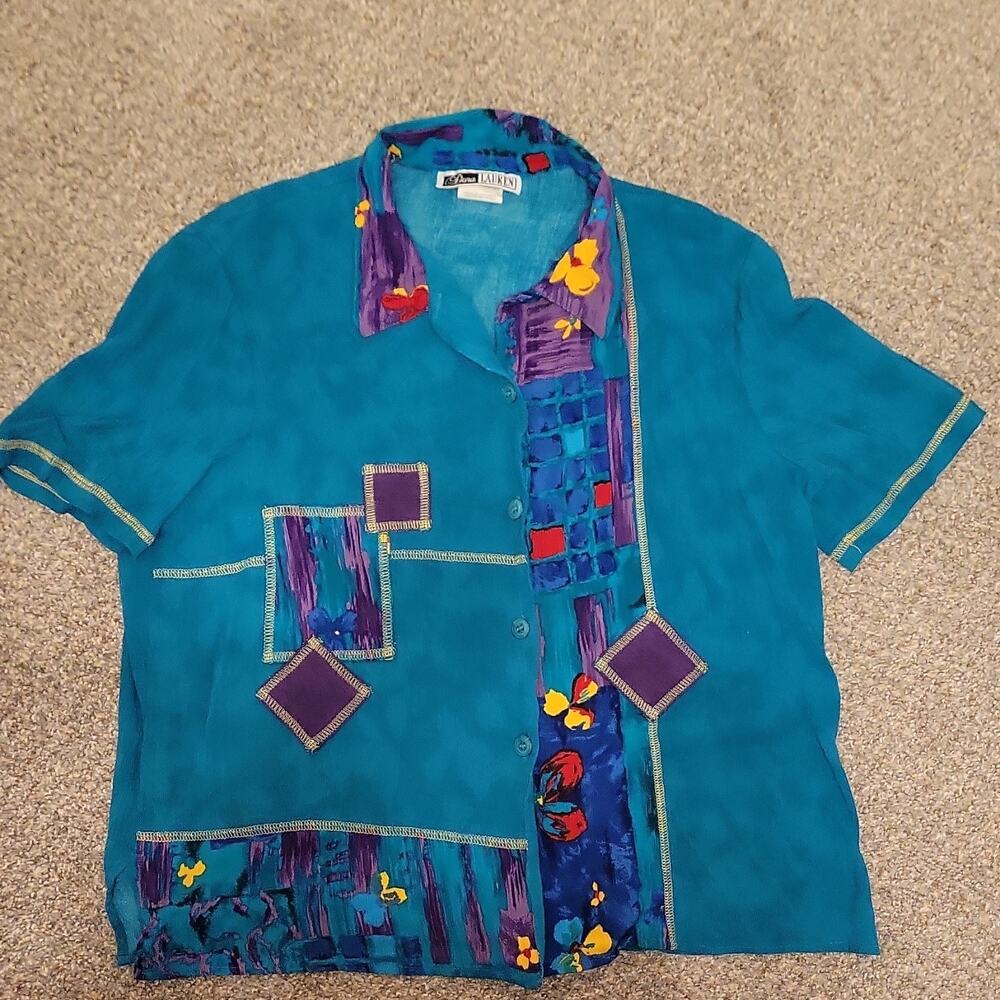 Dena Lauren Women's Regular Teal Purple Geometric Button-Up Blouse Short Sleeve